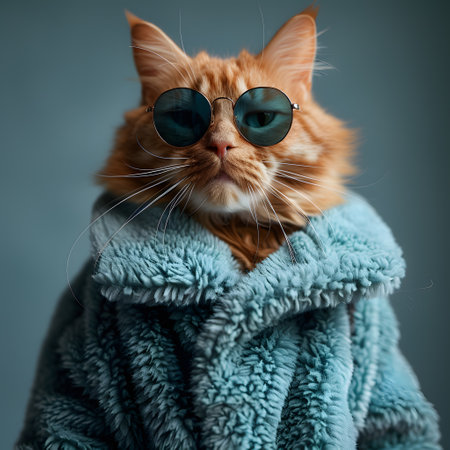 a cat wearing sunglasses and a fur coatの素材