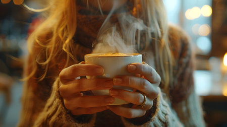 Woman with layered hair holds a hot coffee in drinkware with her thumbの素材
