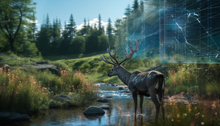 Majestic Encounter: Enchanting Deer Gracefully in Wandering Watersの素材