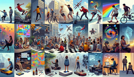 Diverse Collage of People Standing and Sitting in Various Locationsの素材