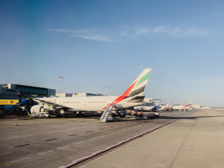 Afines, Greece - 20 august 2023: Passenger plane with a gangway stands near the airport. Back viewのeditorial素材