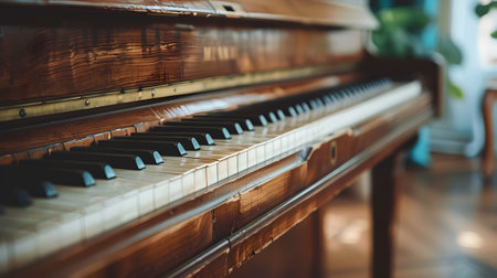 Closeup of a piano keyboard in a stylish living roomの素材