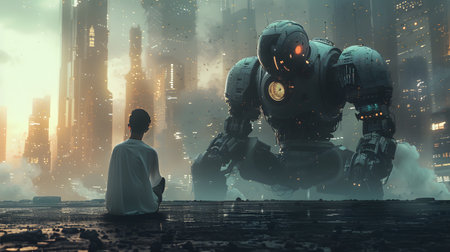 a man is standing in front of a giant robot in a futuristic cityの素材