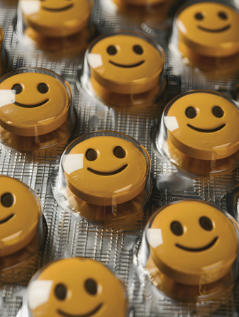 Yellow smiley faces in plastic containers bring sweetness to baked goodsの素材
