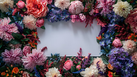 White card amidst vibrant flowers and leaves in hues of pink and magentaの素材