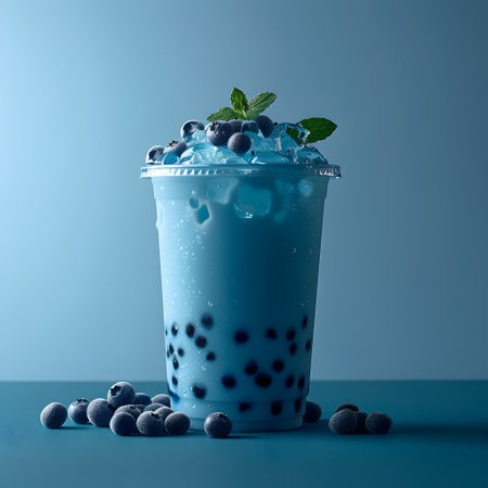 Azure liquid with bubbles, blueberries in plastic cup on tableの素材