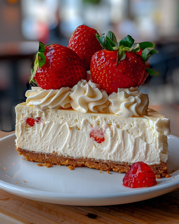 Decadent cheesecake topped with whipped cream and fresh strawberriesの素材
