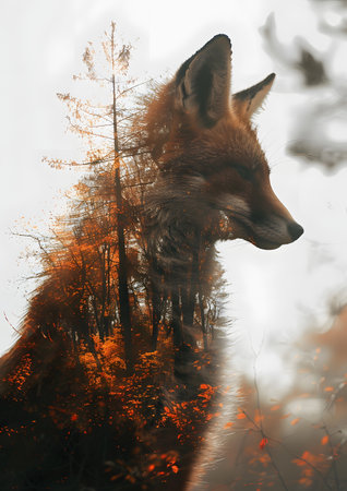 Carnivorous fox merges with a natural landscape in a double exposure paintingの素材