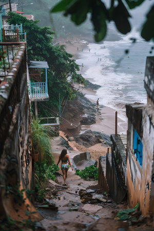 A woman in a bikini descends stairs toward the seaの素材