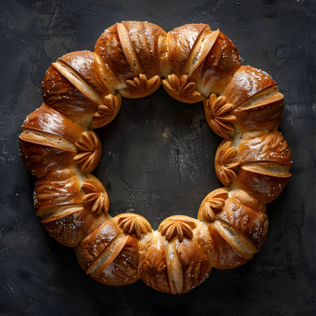 A circular wreath made of bread rests on a sleek black tableの素材
