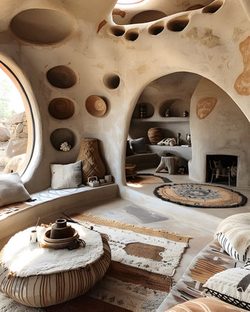 Interior design with furniture, fireplace, and art in roomの素材