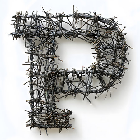 Twigshaped letter P in barbed wire on white. Festive Christmas art decorationの素材
