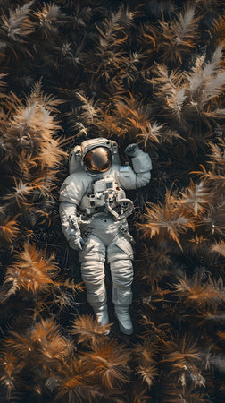 Astronaut lounging in space grass surrounded by terrestrial plants and treesの素材