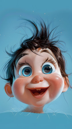 Cartoon character with azure eyes, big smile, happy cheeks, and a wide jawの素材