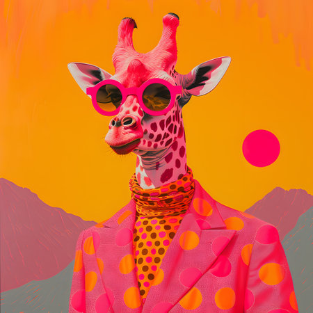 Giraffe in pink polka dot suit and sunglasses with long neckの素材