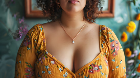 Woman in yellow floral dress with necklace, hair draped over shoulderの素材