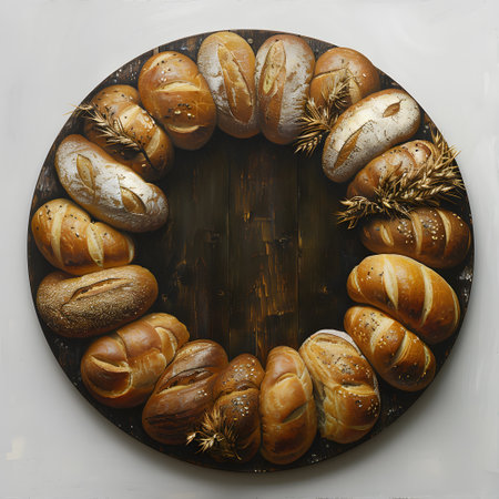 Various types of bread are displayed in a circular arrangementの素材