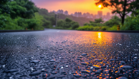 The perspective of the road against the background of sunset and the cityscapeの素材