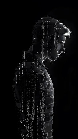 Double exposure of man in hoodie with city skyline, night music event vibesの素材