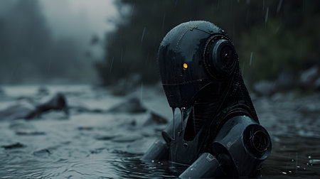 Robot in water during rain, wearing personal protective equipmentの素材
