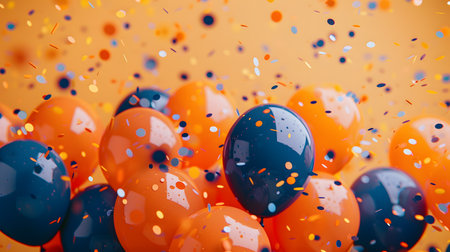 Orange and blue balloons with confetti on a yellow backgroundの素材