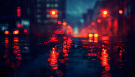 a blurry picture of a city street at night with red lights reflected in the waterの素材