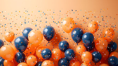 a pile of orange and blue balloons and confetti on an orange backgroundの素材