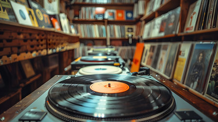 A record player spins vinyl at the retail stores shelfの素材