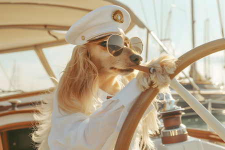 Captain dog at the helm, steering a boat with his hat and eyewearの素材