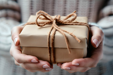 Woman holding a brown gift box with a bow, a thoughtful gestureの素材