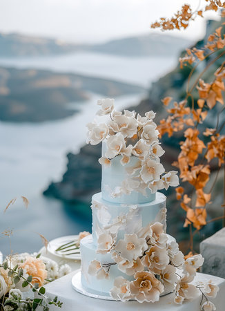 Wedding cake with flowers on table by ocean, perfect for a beach ceremonyの素材