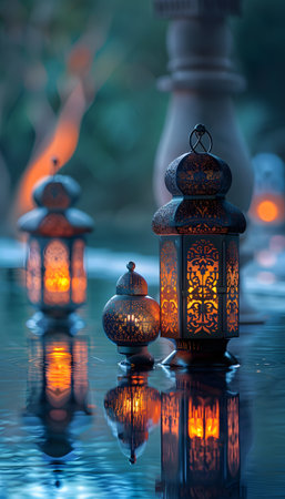 Lanterns glowing in water create a magical atmosphere at midnight in the cityの素材