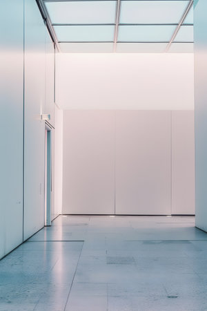 A symmetrical hallway with a glass ceiling, white walls, and wood flooringの素材