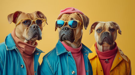 Three dogs in sunglasses and jackets standing side by sideの素材