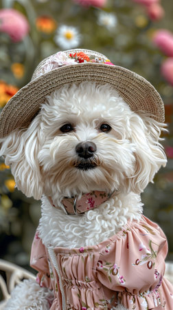 Small white dog in hat and pink dress, a toy companion breedの素材