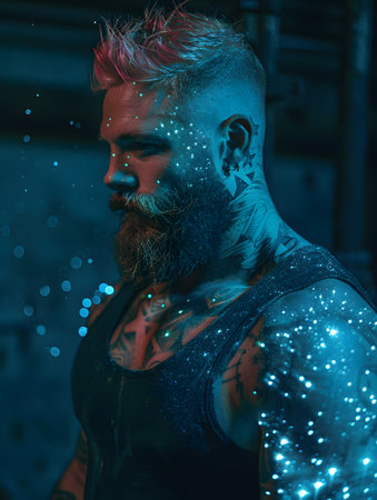 A jawdropping man with tattoos and a beard is radiating in the darkの素材