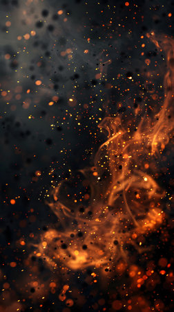 Close up of fire with smoke and sparks against a dark sky backdropの素材