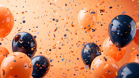 Colorful balloons and confetti fill the sky at a festive eventの素材