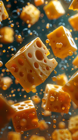 Organism falling into a liquid, closeup shot of cheese cubesの素材