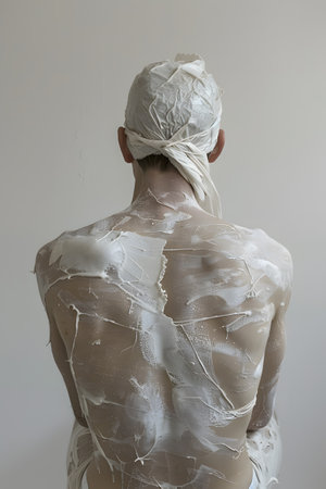 Barechested man covered in white paint resembles a human sculptureの素材