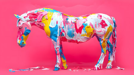 A colorful toy horse standing on a pink backgroundの素材