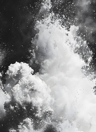 Monochrome photo of waterfall with trees, clouds, and sky in backgroundの素材