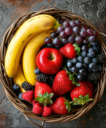 a basket filled with bananas apples strawberries blueberries and grapesの素材