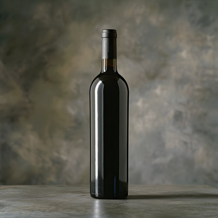 A glass bottle of wine rests on a table, filled with a delicious liquidの素材