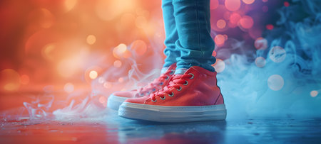 a person wearing red sneakers is standing on a stage with smoke coming out of their shoesの素材