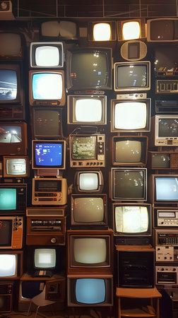 Stacked old televisions form a brown metal rectangle on hardwood shelvingの素材