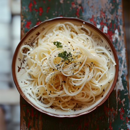 A staple food dish of rice noodles with parsley on topの素材