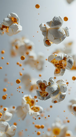 Popping popcorn floats in air against white backdrop in macro photographyの素材