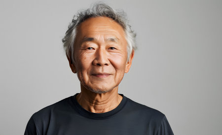 A man with gray hair and a black tshirt is smiling happily for the cameraの素材