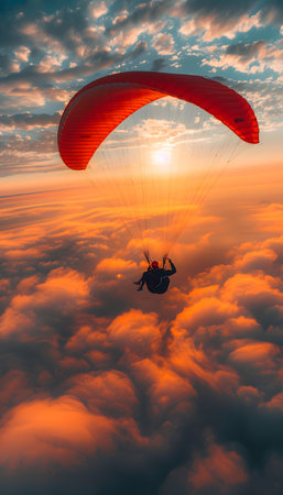 Person parasailing in the orange afterglow of sunset over a cloudy skyの素材